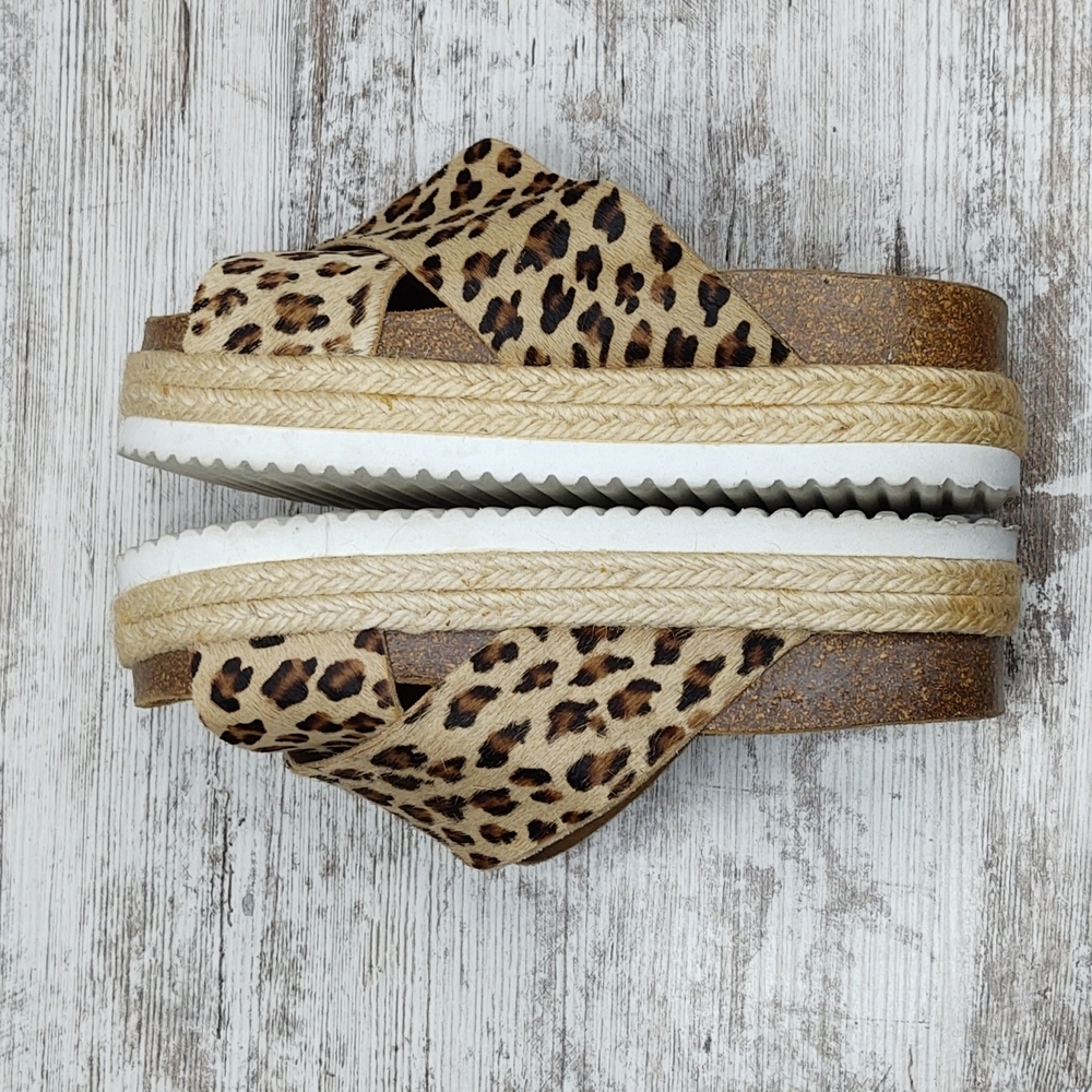 Like New Office Girl Leopard Calf Hair Flatform Espadrille Slide Sandal - Picture 11 of 16